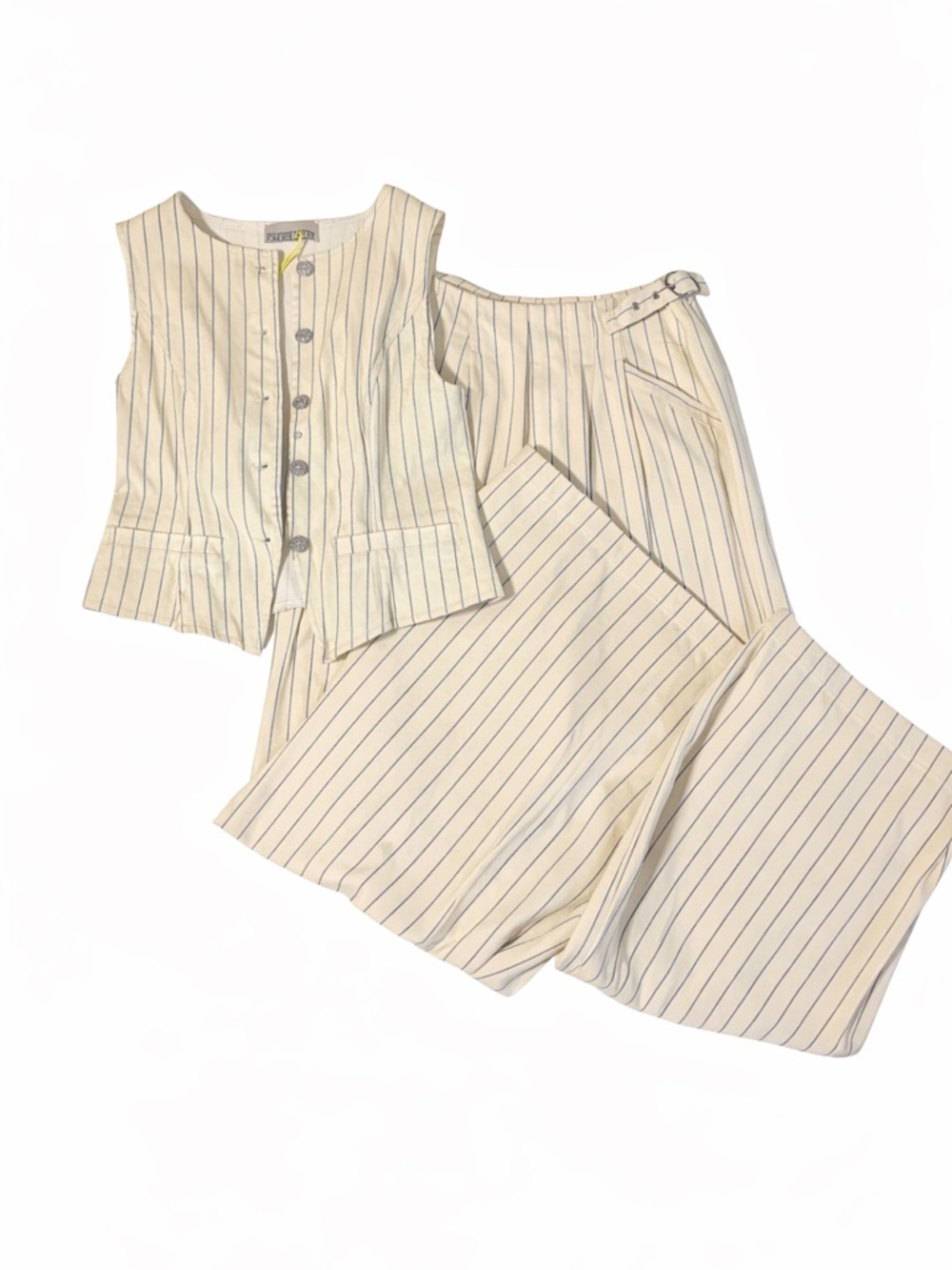 Sleeveless Pinstripe Wide-Leg Pants & Vest Set in Cream - Unbranded